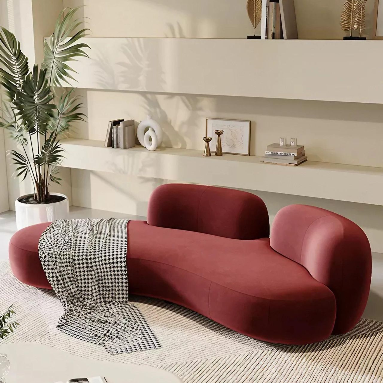 Luxurious matte velvet curved sofa with ergonomic support for multiple users