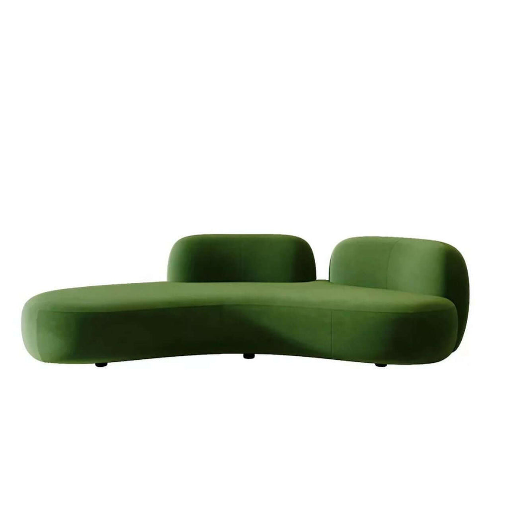 Curved green matte velvet sofa with creative shape, multi-seater lounge couch for modern living rooms