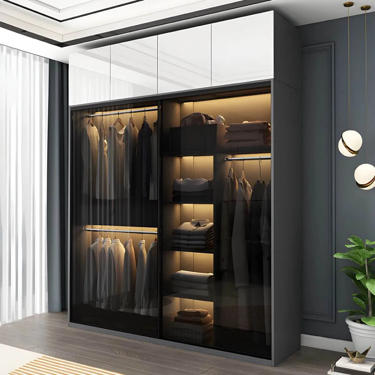 Grey Glass Wardrobe Armoire With Open Shelves And Drawers