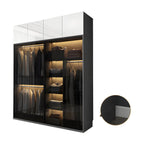 Grey Glass Wardrobe Armoire With Open Shelves And Drawers