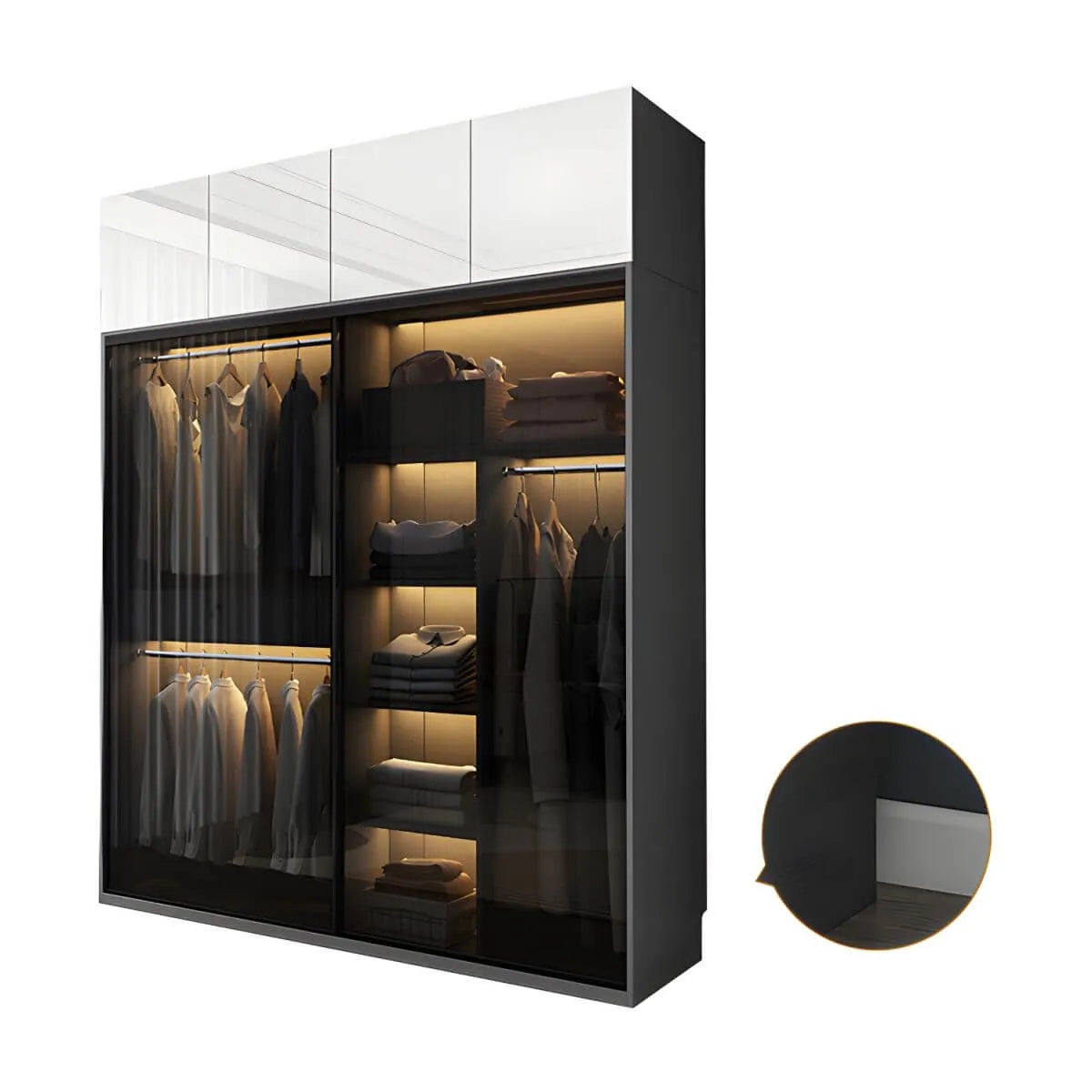 Grey Glass Wardrobe Armoire With Open Shelves And Drawers