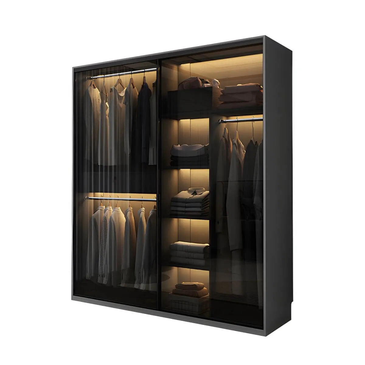 Grey Glass Wardrobe Armoire With Open Shelves And Drawers