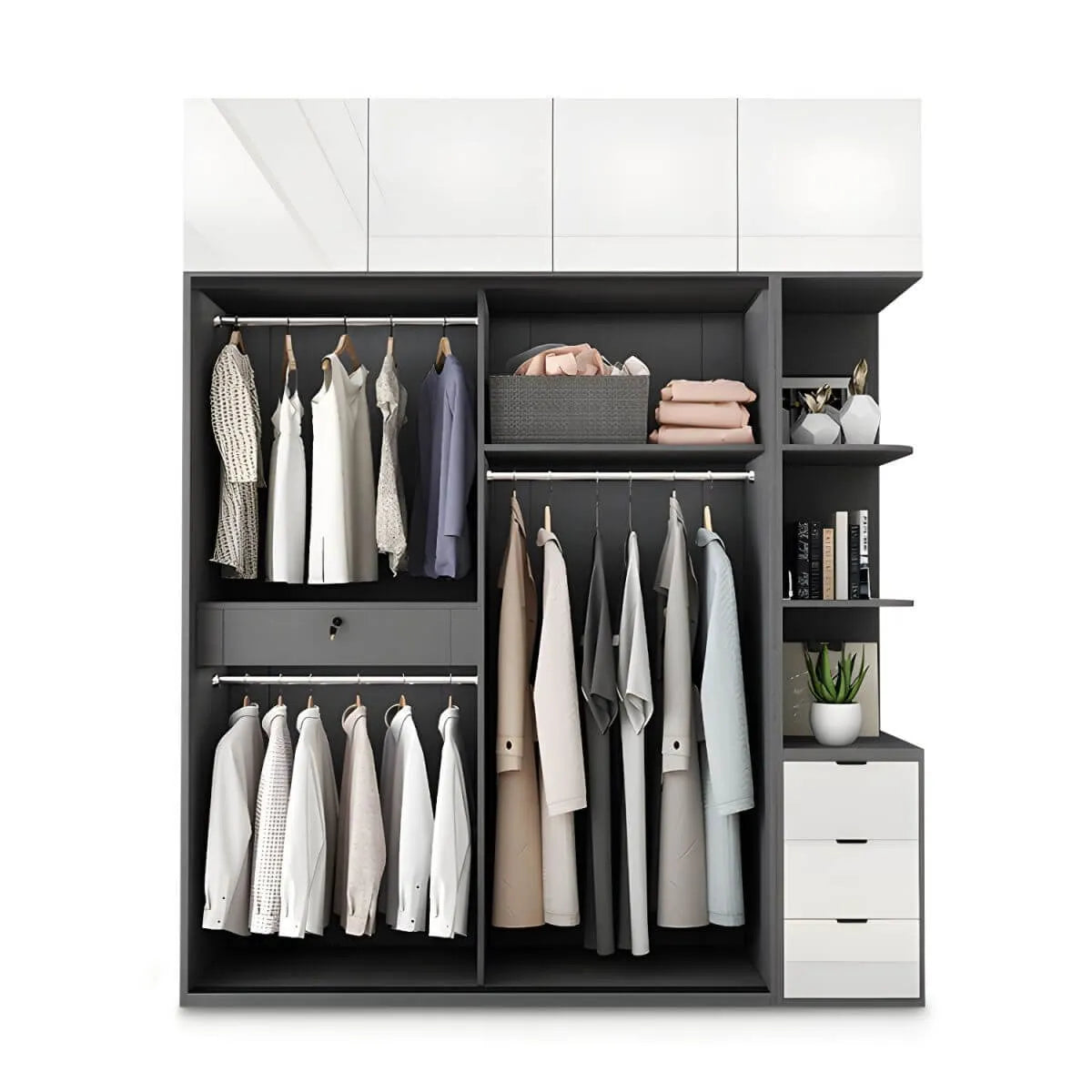Grey Glass Wardrobe Armoire With Open Shelves And Drawers