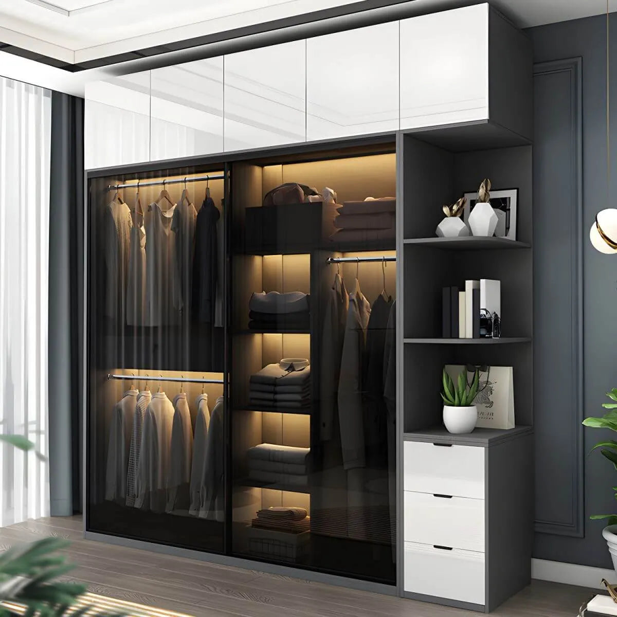 Grey Glass Wardrobe Armoire With Open Shelves And Drawers Secondary image
