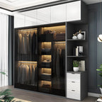 Grey Glass Wardrobe Armoire With Open Shelves And Drawers