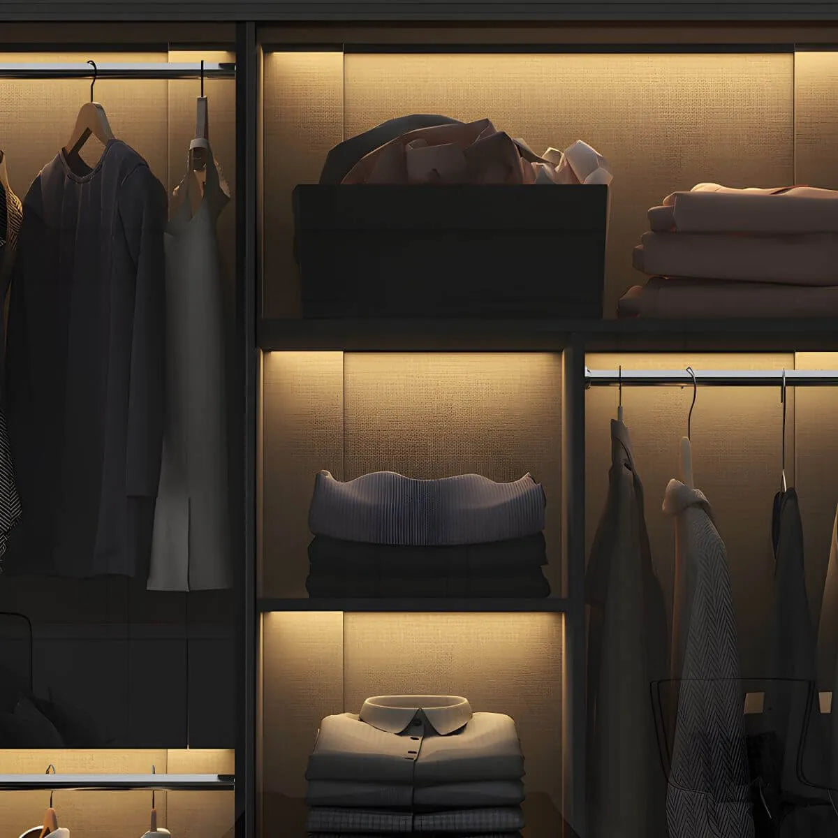 Grey Glass Wardrobe Armoire With Open Shelves And Drawers