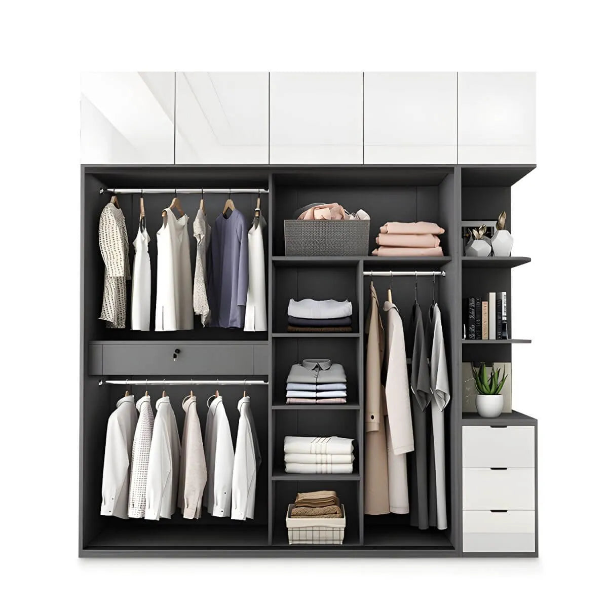 Grey Glass Wardrobe Armoire With Open Shelves And Drawers
