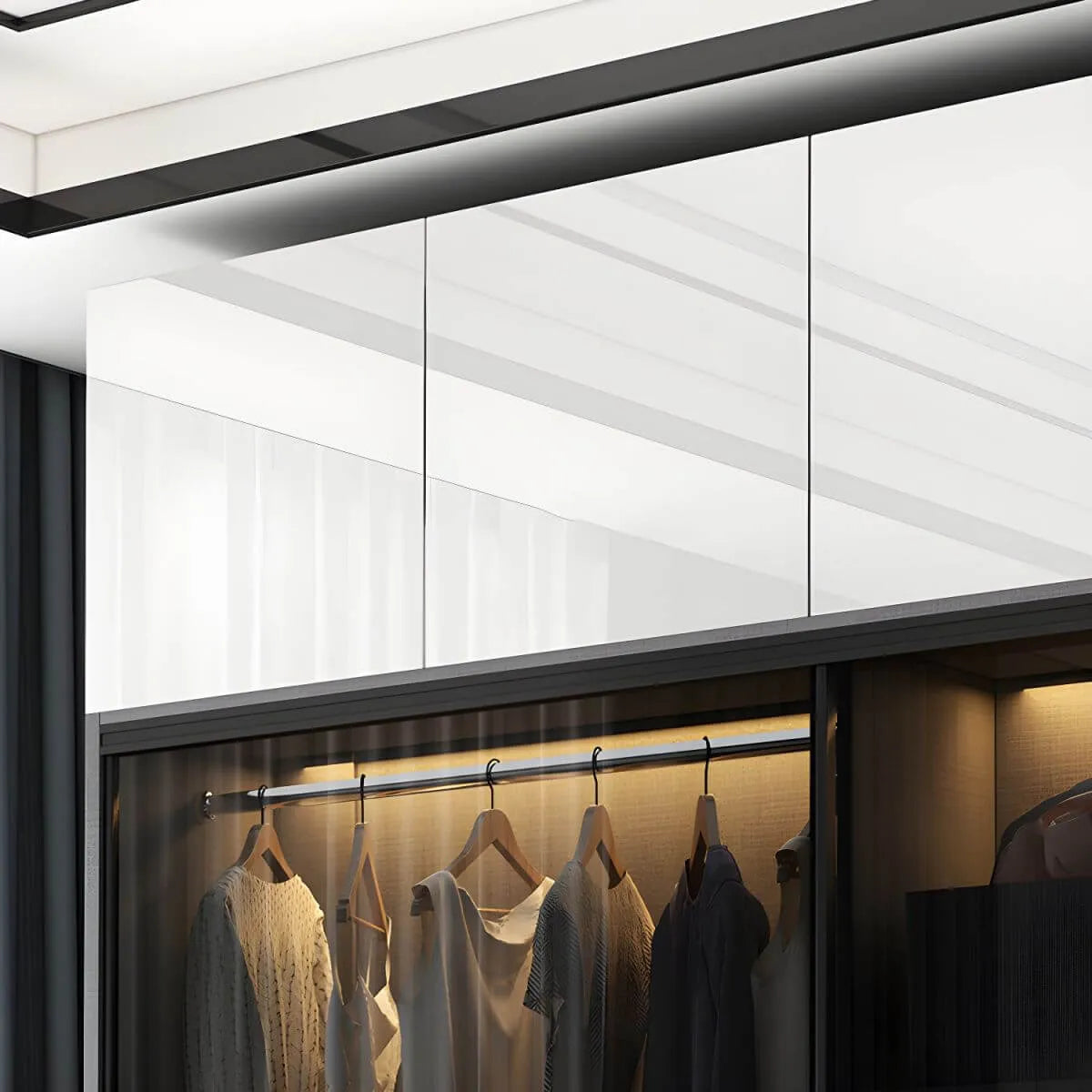 Grey Glass Wardrobe Armoire With Open Shelves And Drawers