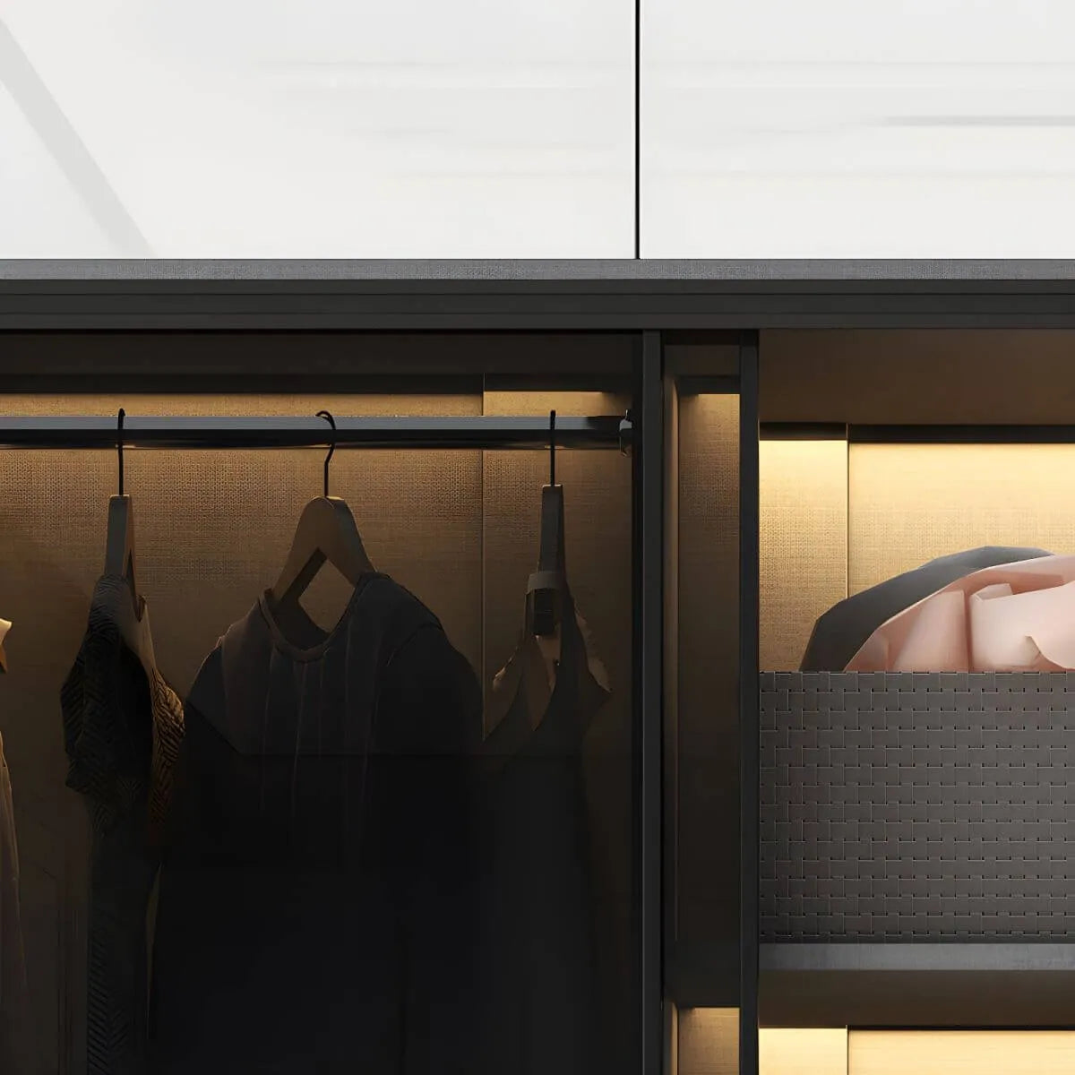 Grey Glass Wardrobe Armoire With Open Shelves And Drawers
