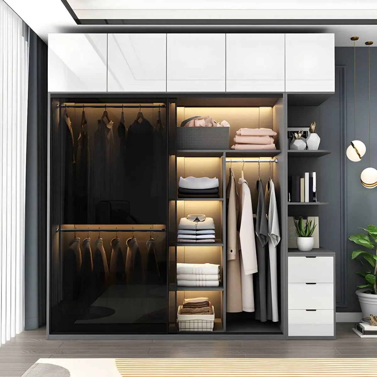 Grey Glass Wardrobe Armoire With Open Shelves And Drawers Main Product Image