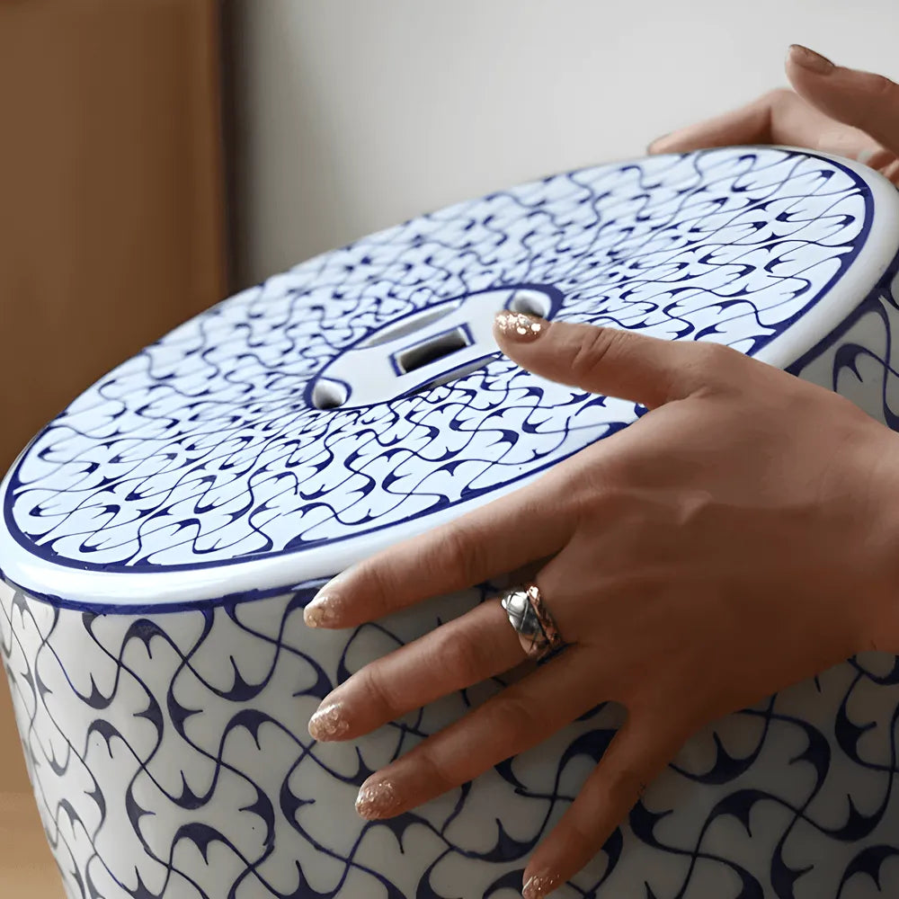 Hand-Painted Blue and White Ceramic Drum Side Table for Elegant Living Spaces