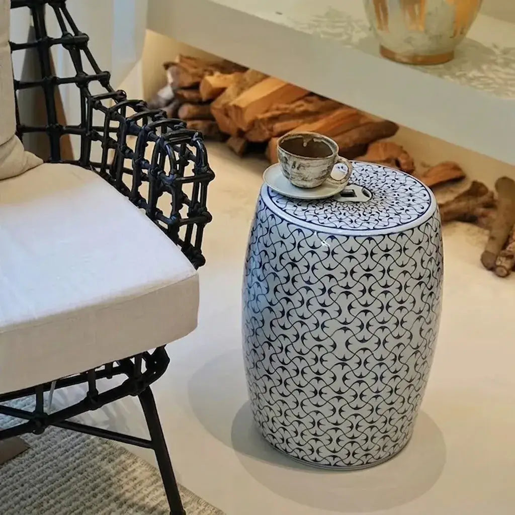 Hand-Painted Blue and White Ceramic Drum Side Table for Elegant Living Spaces