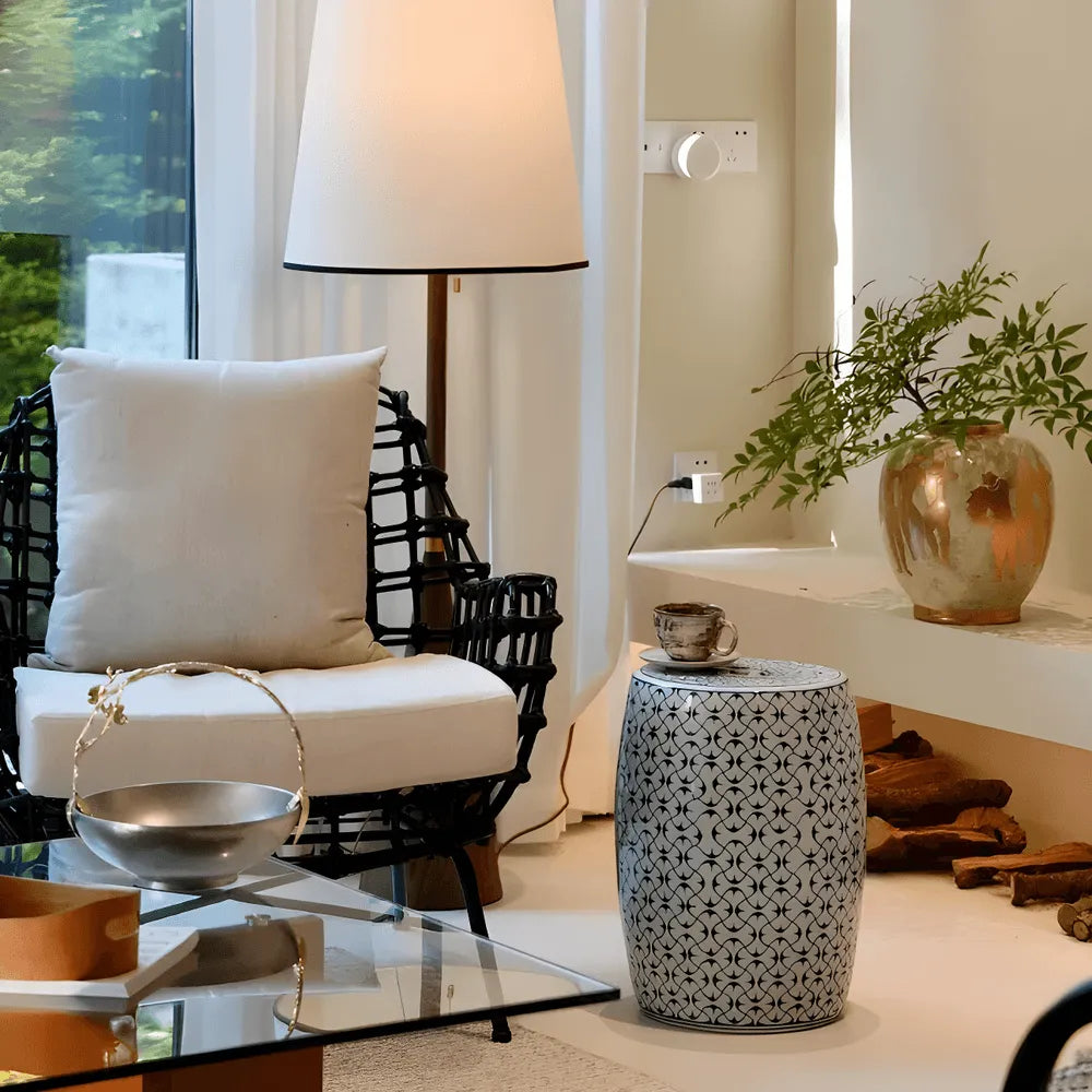 Hand-Painted Blue and White Ceramic Drum Side Table for Elegant Living Spaces