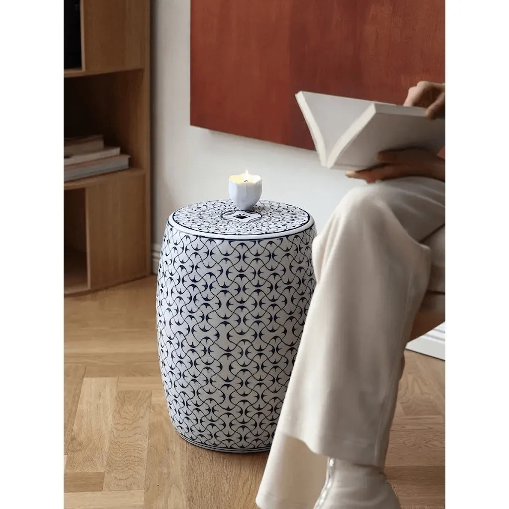 Hand-Painted Blue and White Ceramic Drum Side Table for Elegant Living Spaces