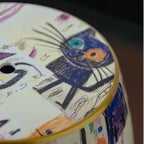 Hand-Painted Ceramic Side Table Stool With French Vintage Cat Motifs