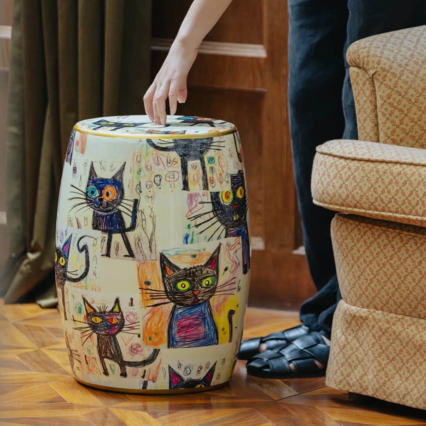 Hand-Painted Ceramic Side Table Stool With French Vintage Cat Motifs
