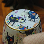 Hand-Painted Ceramic Side Table Stool With French Vintage Cat Motifs