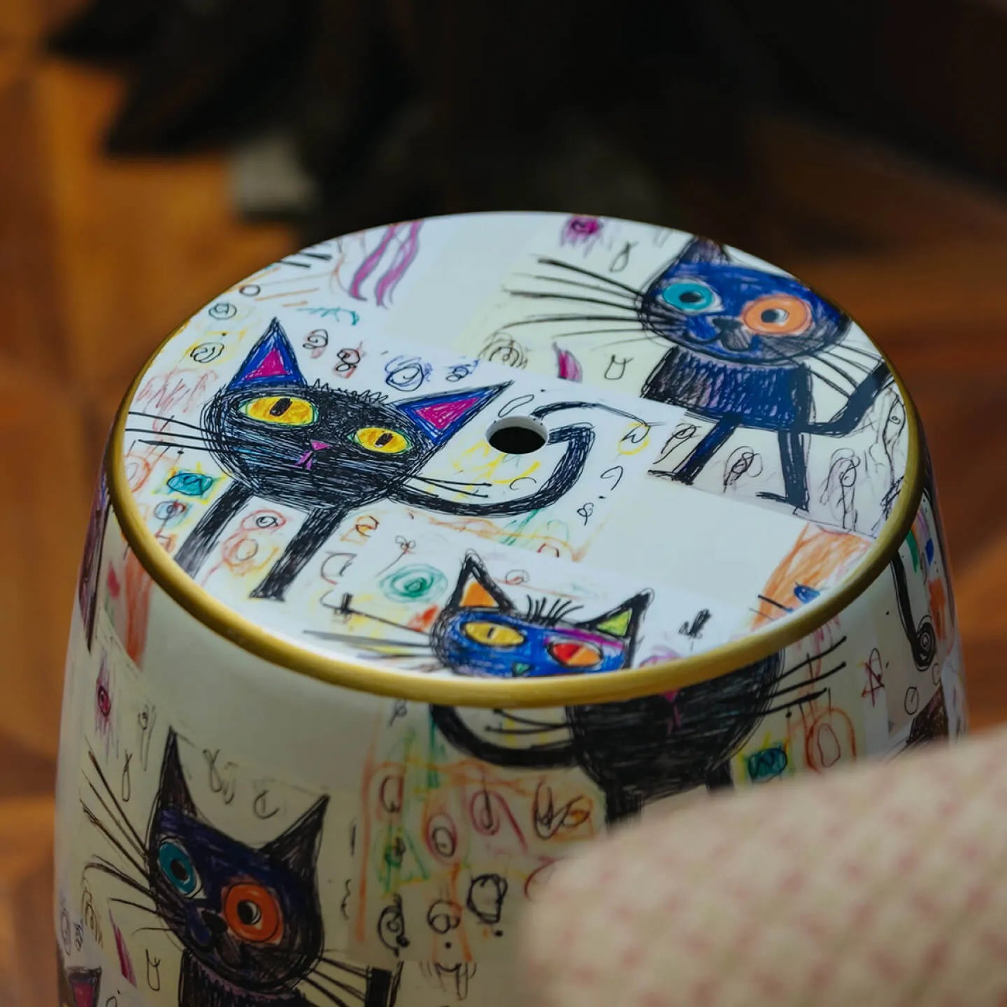 Hand-Painted Ceramic Side Table Stool With French Vintage Cat Motifs