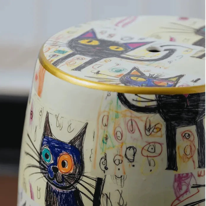 Hand-Painted Ceramic Side Table Stool With French Vintage Cat Motifs
