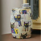 Hand-Painted Ceramic Side Table Stool With French Vintage Cat Motifs