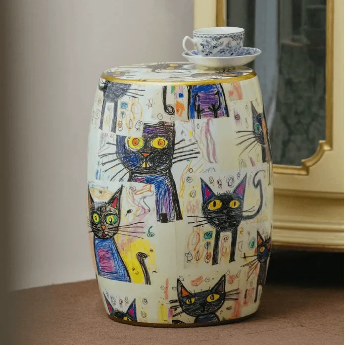 Hand-Painted Ceramic Side Table Stool With French Vintage Cat Motifs