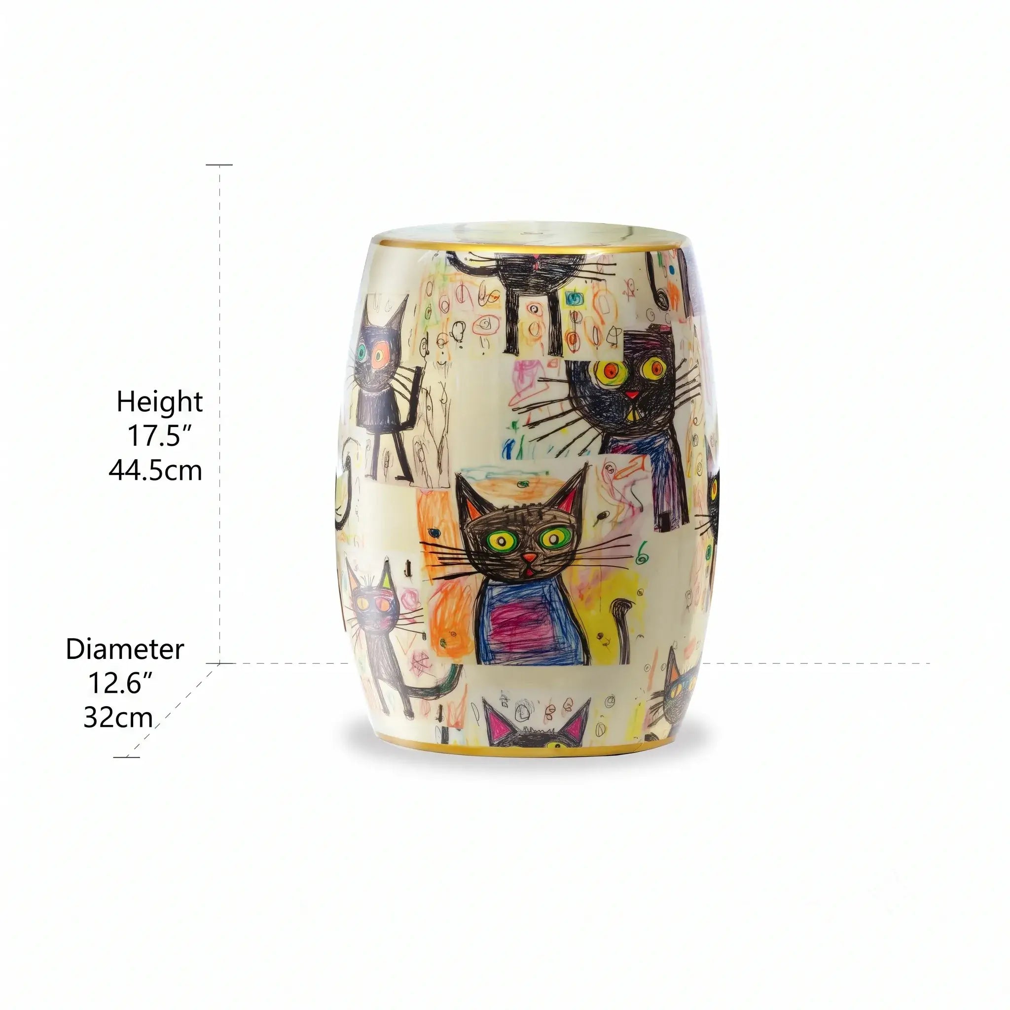 Hand-Painted Ceramic Side Table Stool With French Vintage Cat Motifs Dimensions