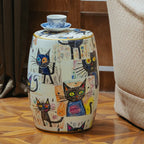 Hand-Painted Ceramic Side Table Stool With French Vintage Cat Motifs Main Product Image