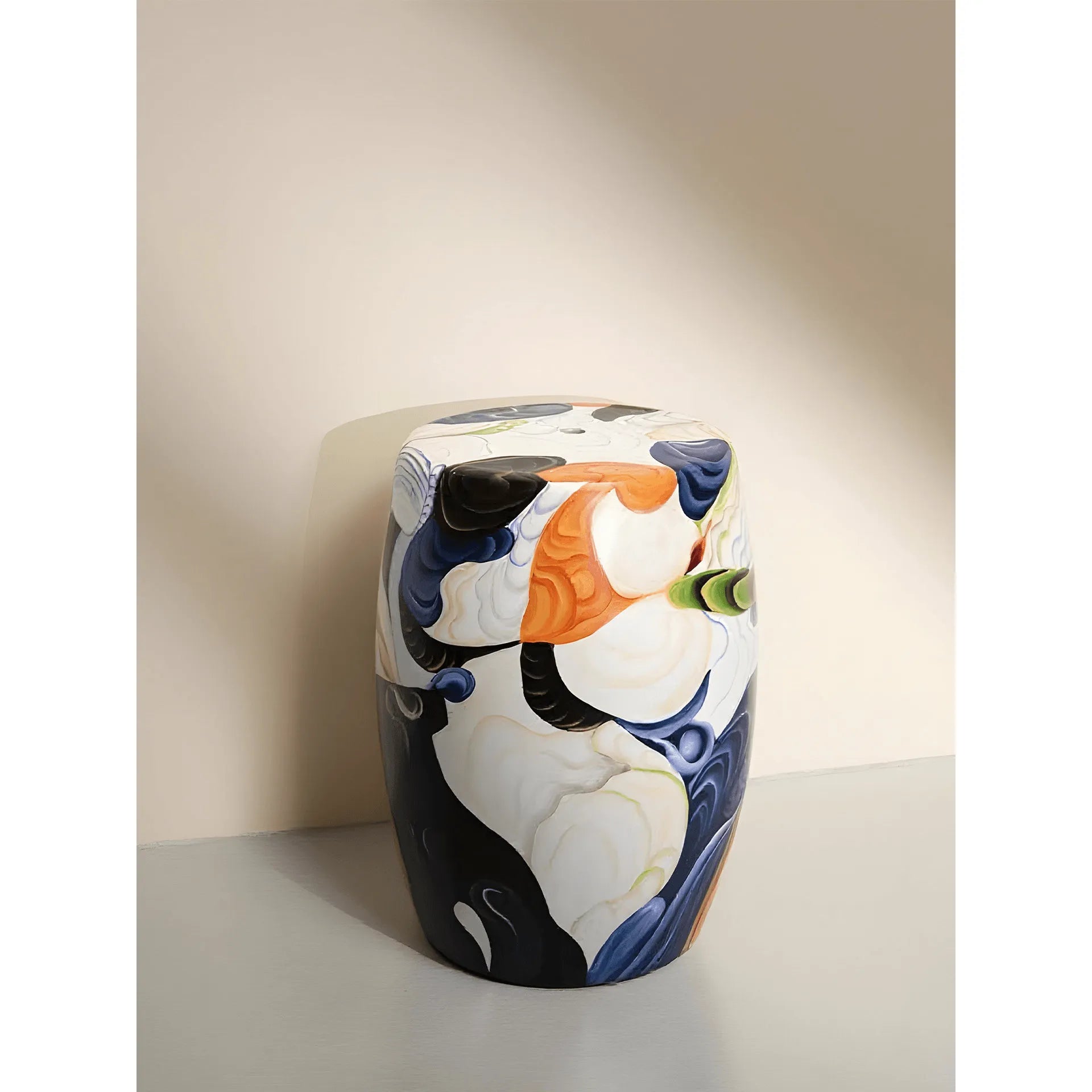 Hand-Painted Glossy Ceramic Drum Side Table With Gallery Style Appeal
