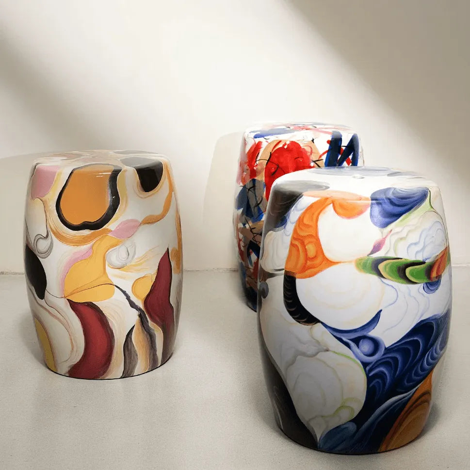 Hand-Painted Glossy Ceramic Drum Side Table With Gallery Style Appeal