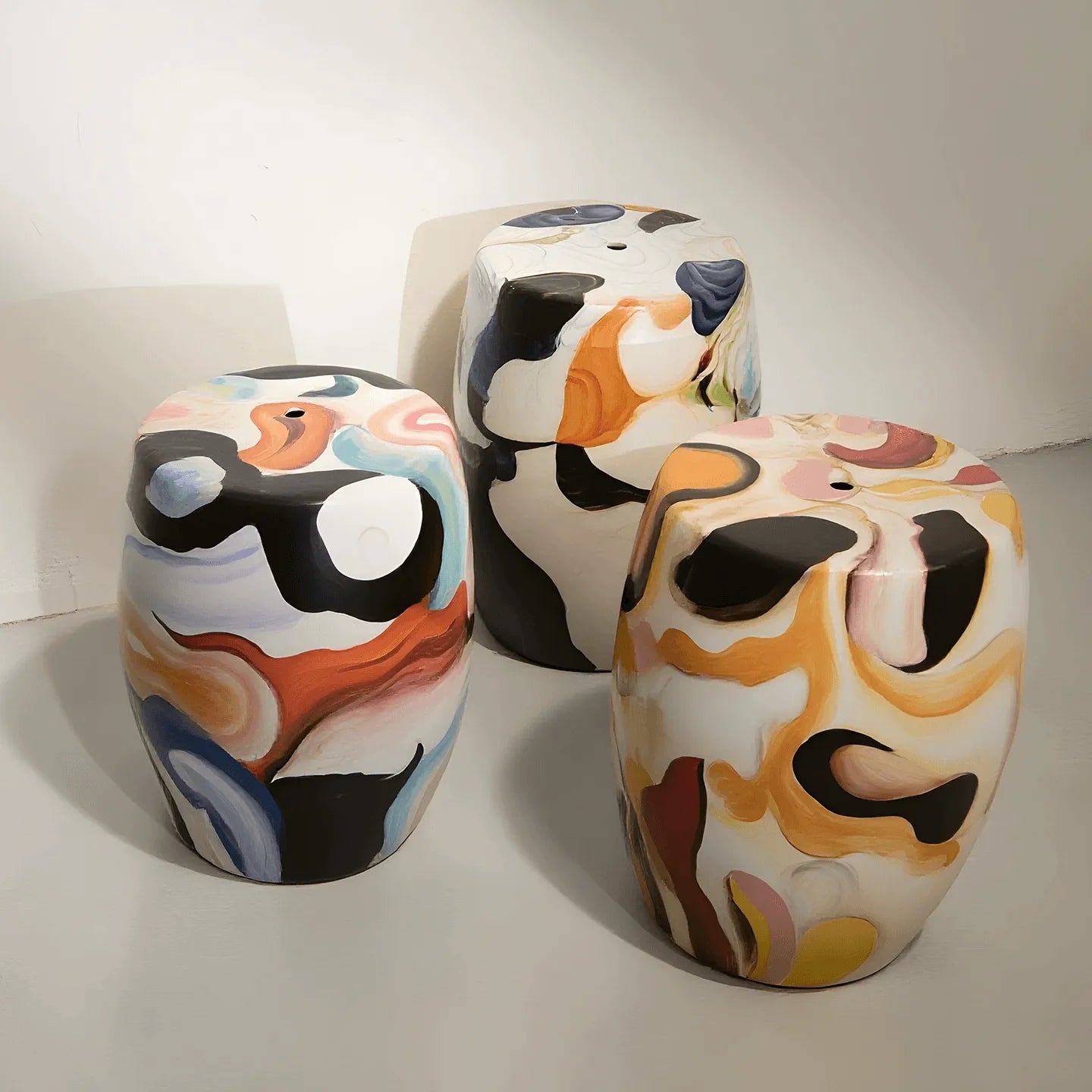 Hand-Painted Glossy Ceramic Drum Side Table With Gallery Style Appeal
