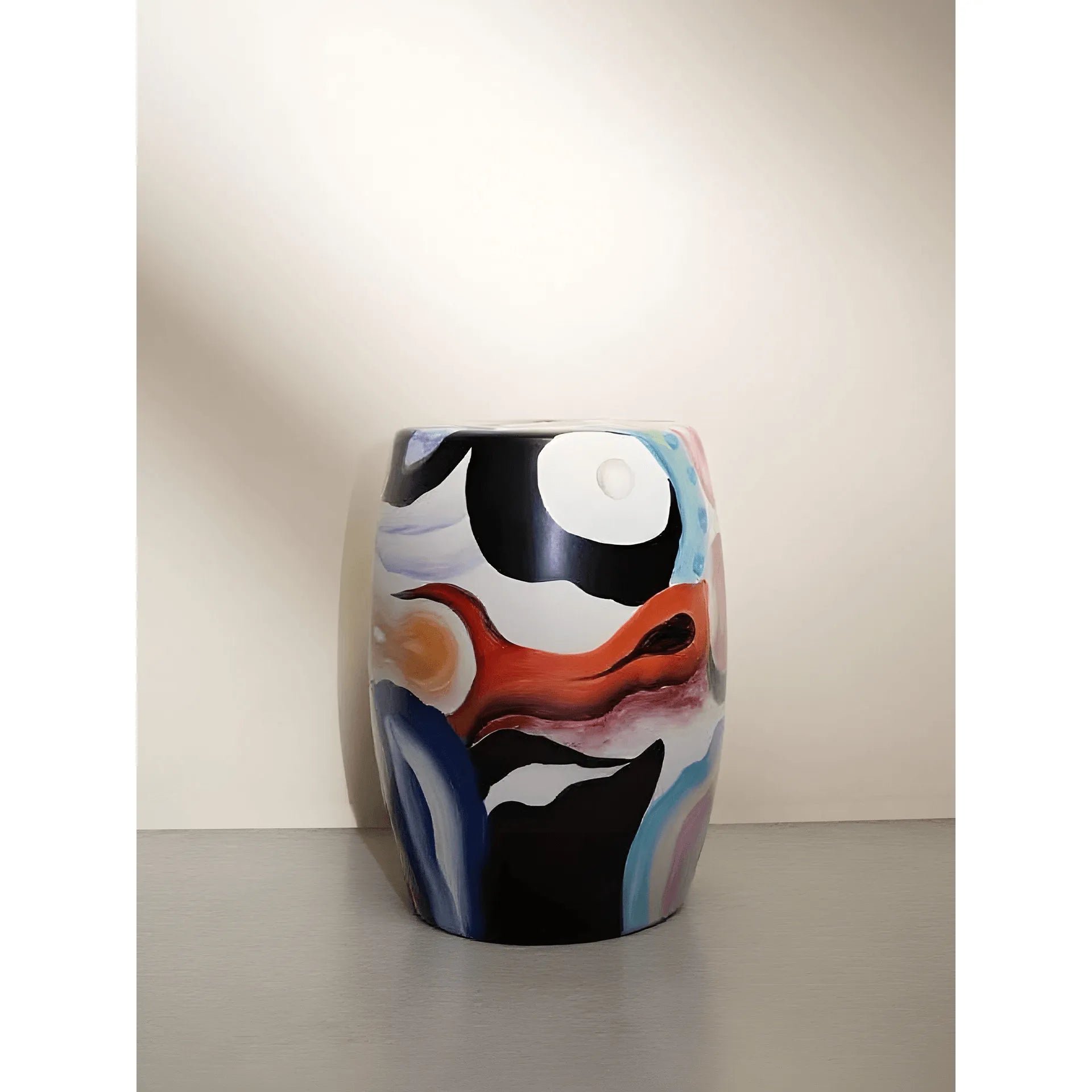 Hand-Painted Glossy Ceramic Drum Side Table With Gallery Style Appeal