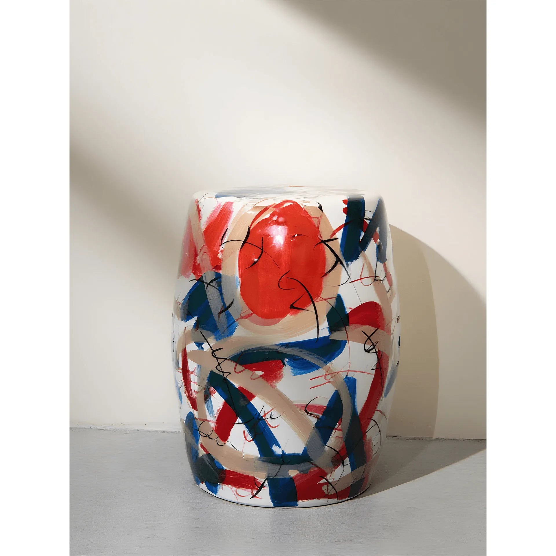 Hand-Painted Glossy Ceramic Drum Side Table With Gallery Style Appeal