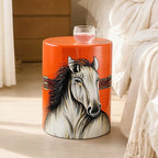 Hand-Painted Horse Motif Ceramic Drum Side Table in Vivid Orange Red