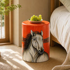 Hand-Painted Horse Motif Ceramic Drum Side Table in Vivid Orange Red
