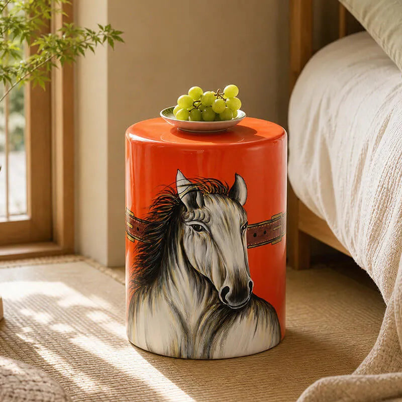 Hand-Painted Horse Motif Ceramic Drum Side Table in Vivid Orange Red