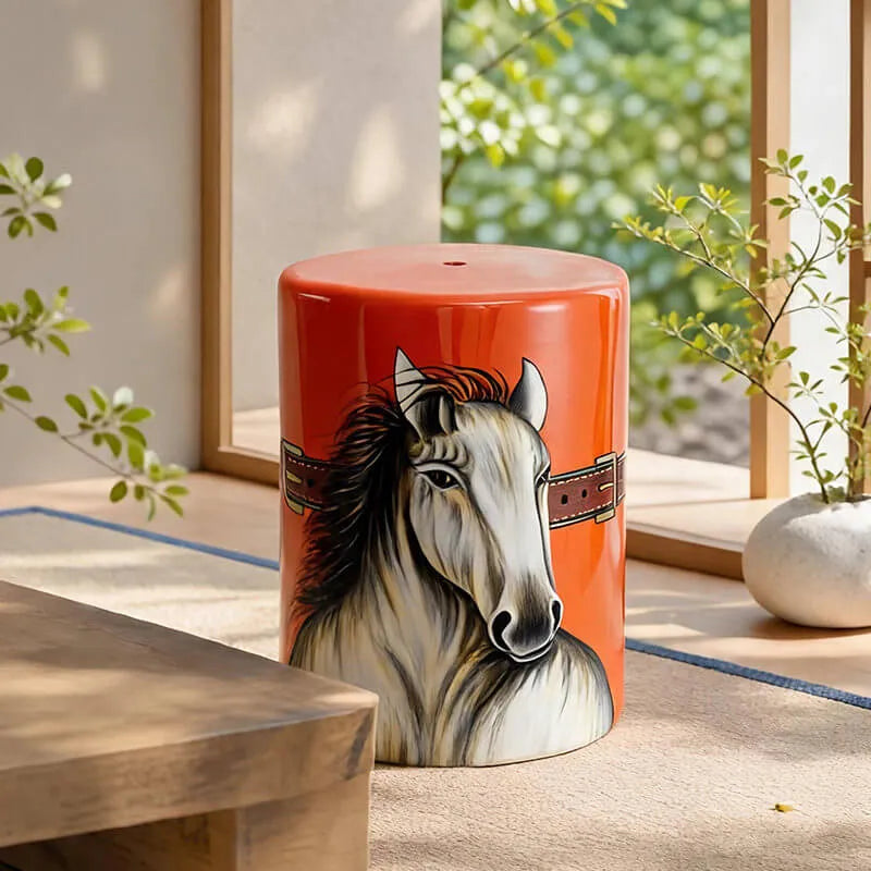 Hand-Painted Horse Motif Ceramic Drum Side Table in Vivid Orange Red Image secondaire du produit