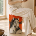 Hand-Painted Horse Motif Ceramic Drum Side Table in Vivid Orange Red