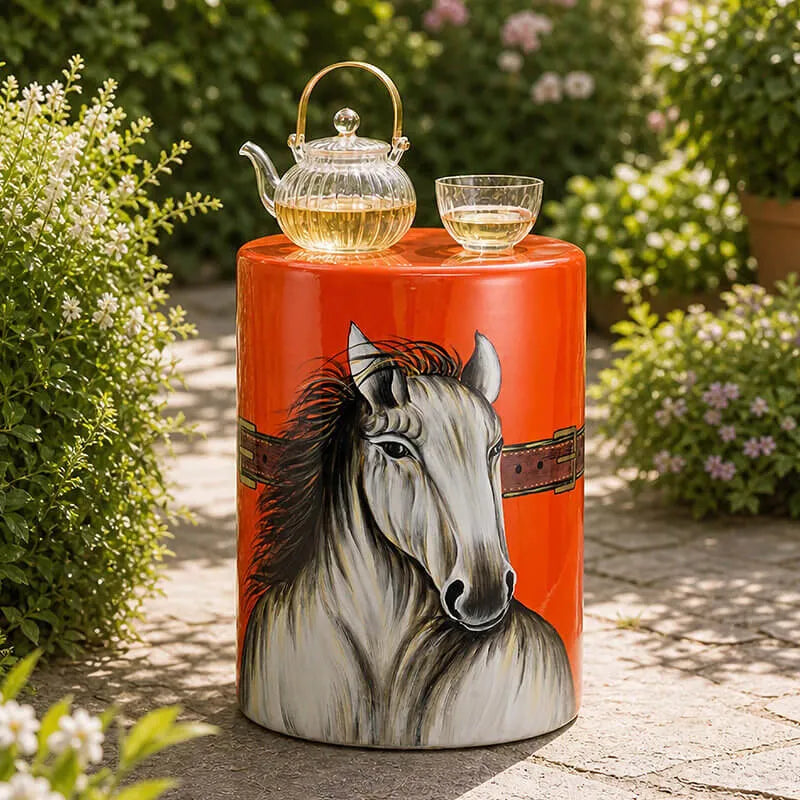 Hand-Painted Horse Motif Ceramic Drum Side Table in Vivid Orange Red Main Product Image Image principale du produit