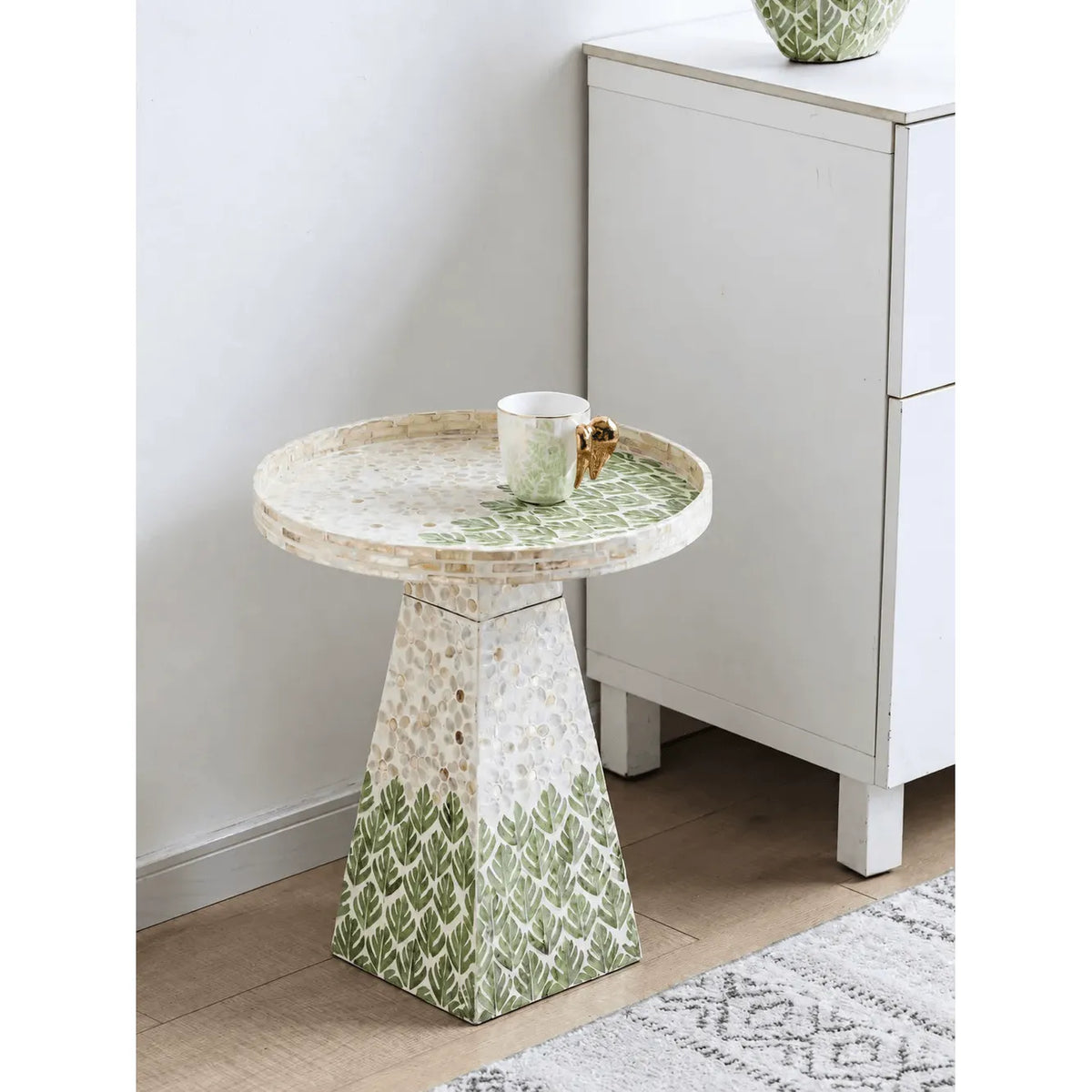 Handcrafted Leaf Mosaic Mother of Pearl Side Table, Sculptural Round Accent