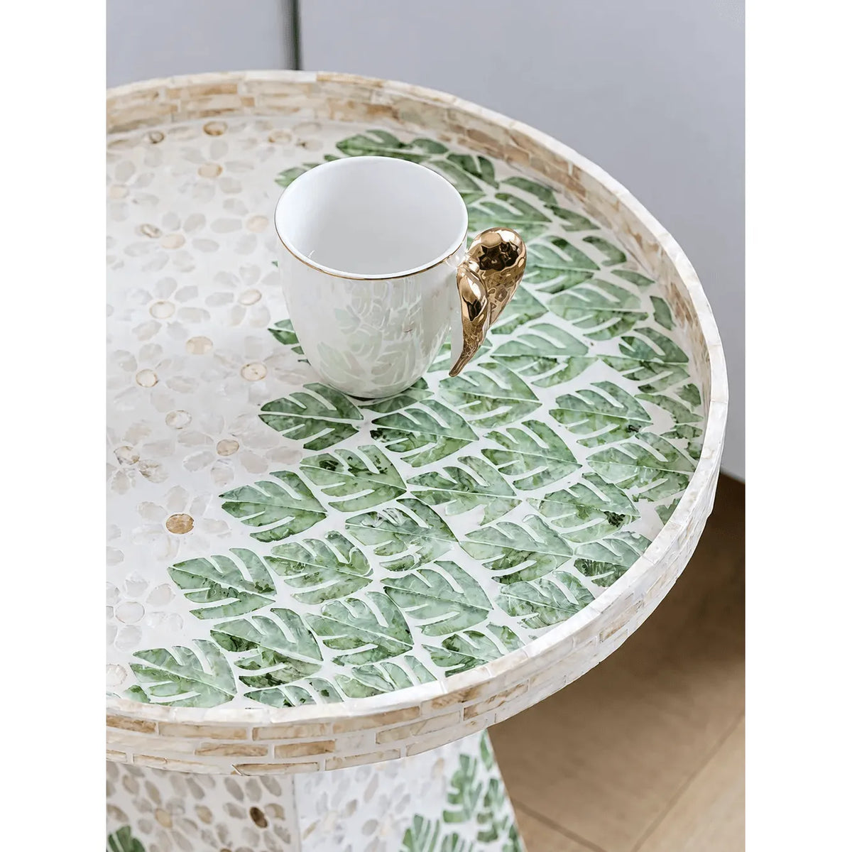 Handcrafted Leaf Mosaic Mother of Pearl Side Table, Sculptural Round Accent