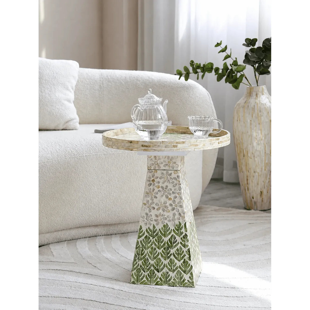 Handcrafted Leaf Mosaic Mother of Pearl Side Table, Sculptural Round Accent