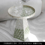 Handcrafted Leaf Mosaic Mother of Pearl Side Table, Sculptural Round Accent