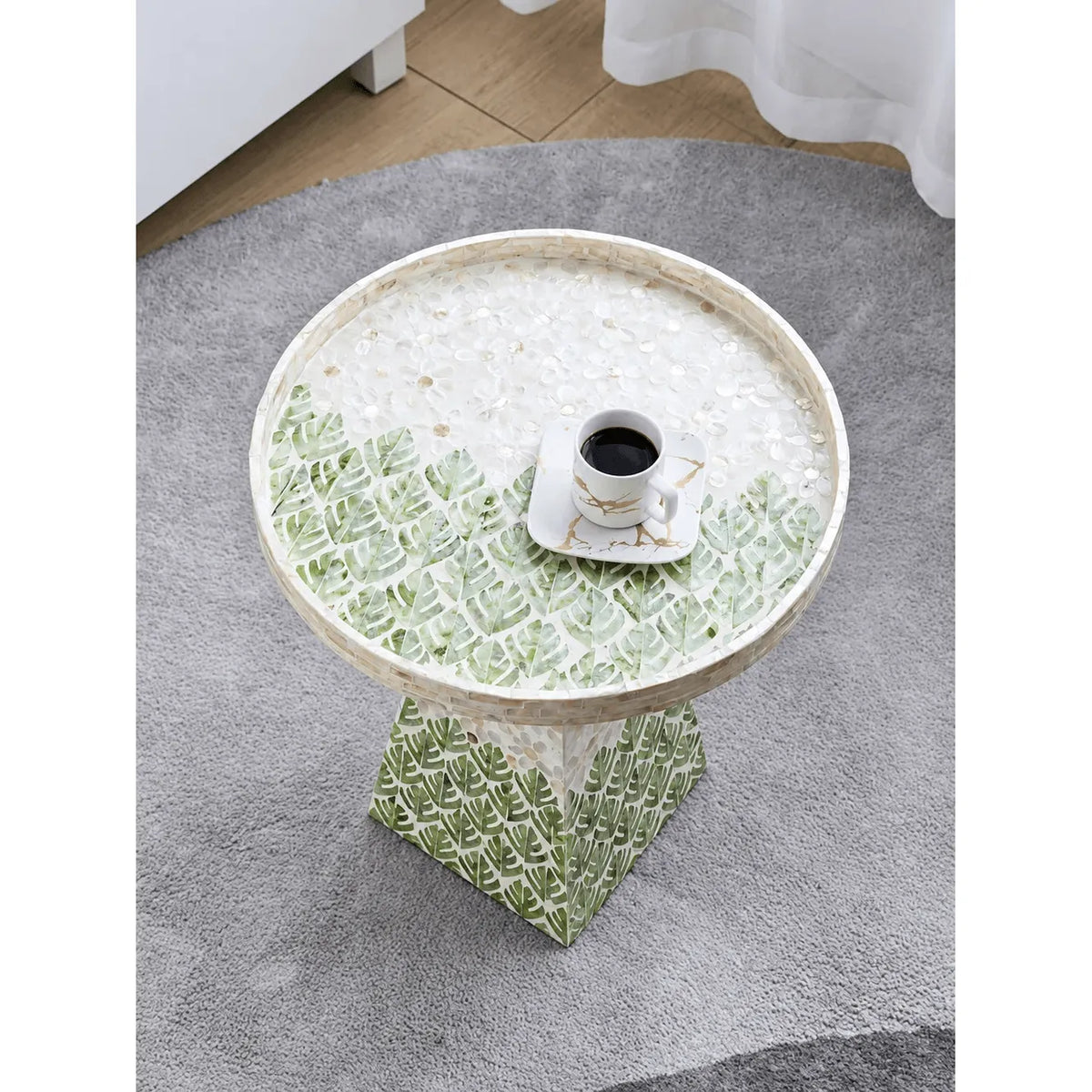 Handcrafted Leaf Mosaic Mother of Pearl Side Table, Sculptural Round Accent