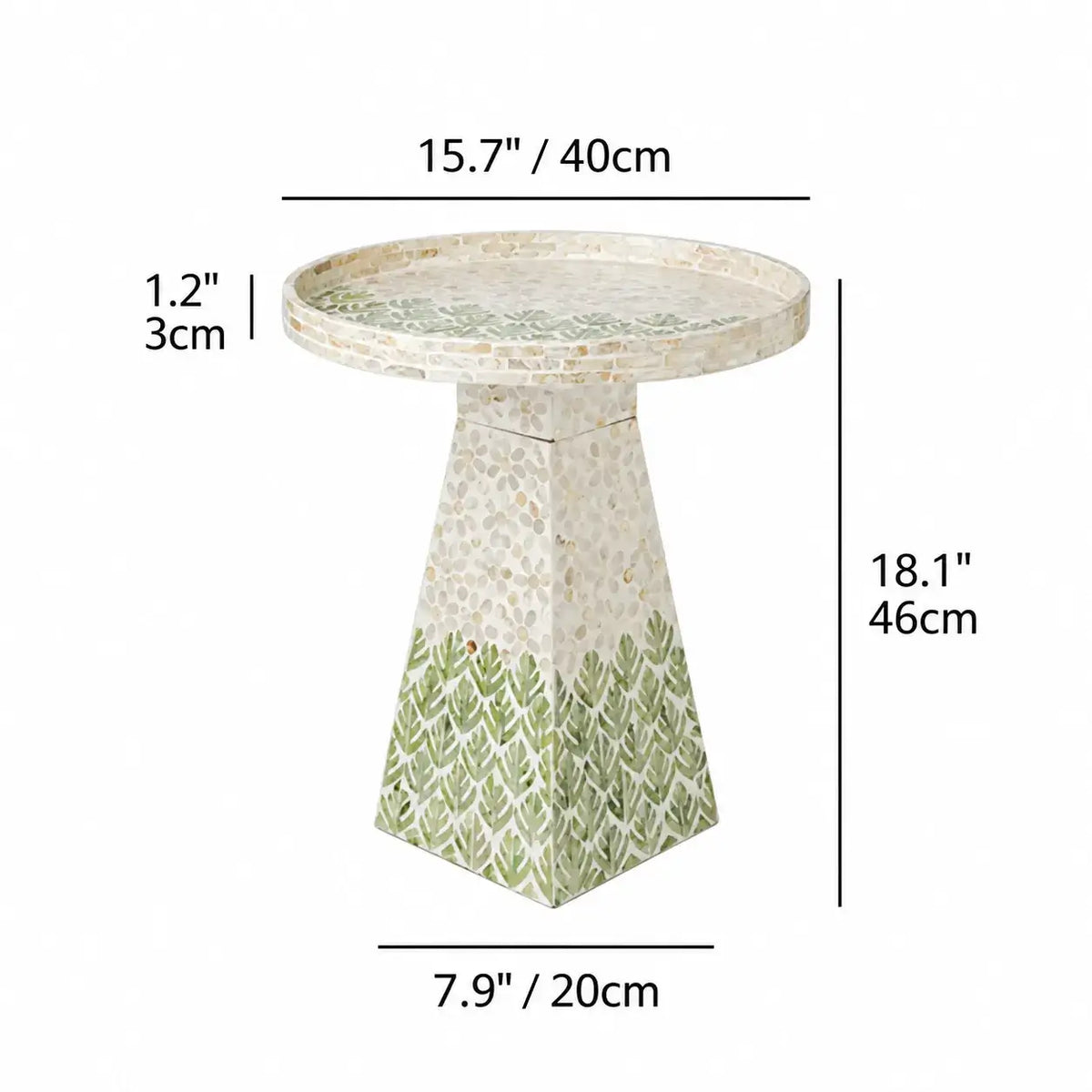Handcrafted Leaf Mosaic Mother of Pearl Side Table, Sculptural Round Accent Dimensions