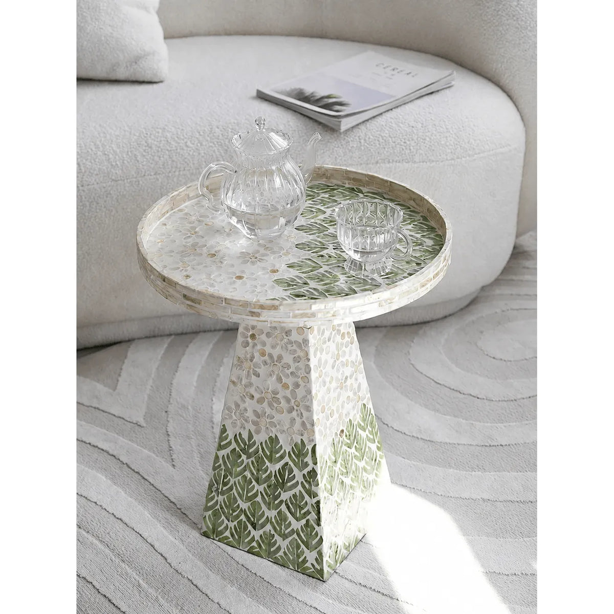 Handcrafted Leaf Mosaic Mother of Pearl Side Table, Sculptural Round Accent Main Product Image Hauptbild