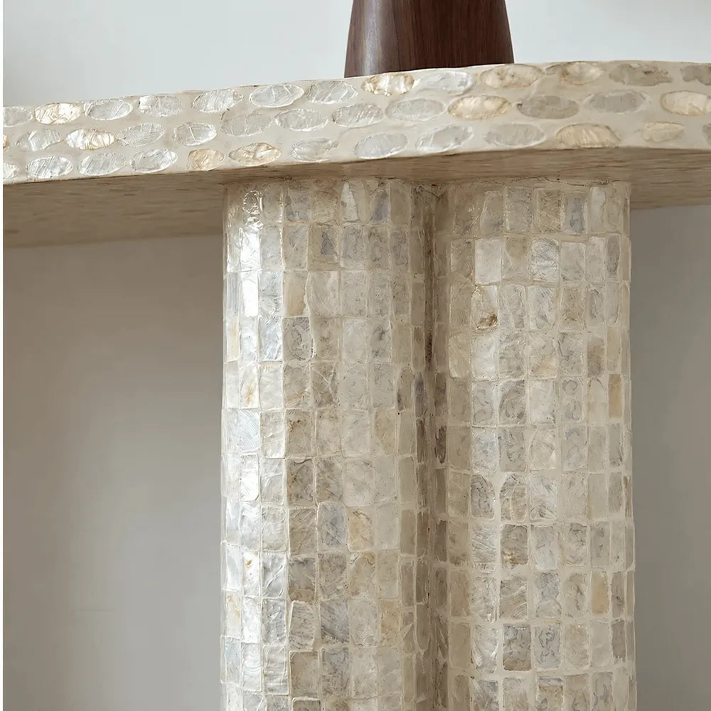 Handcrafted Mother of Pearl Coffee Table Console with Sculptural Twin Columns
