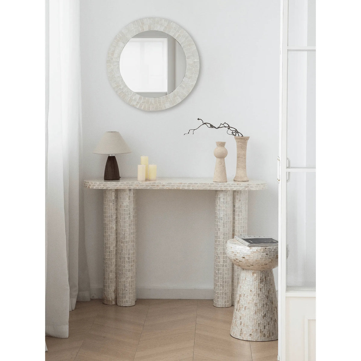 Handcrafted Mother of Pearl Coffee Table Console with Sculptural Twin Columns