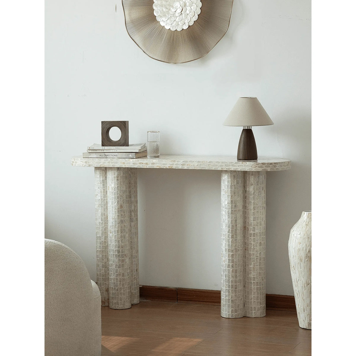 Handcrafted Mother of Pearl Coffee Table Console with Sculptural Twin Columns