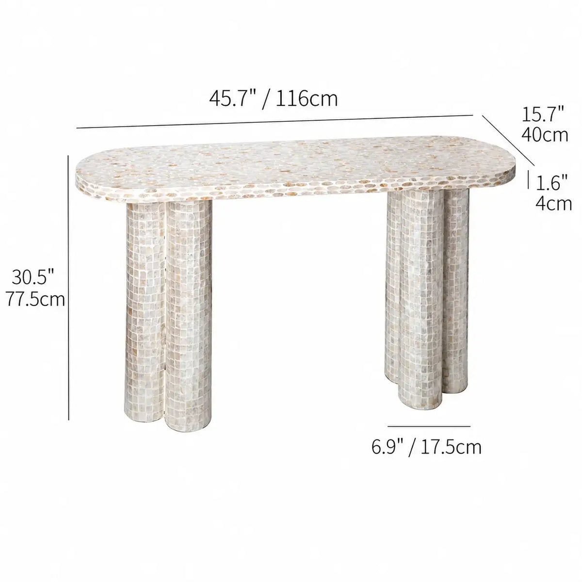 Handcrafted Mother of Pearl Coffee Table Console with Sculptural Twin Columns Dimensions