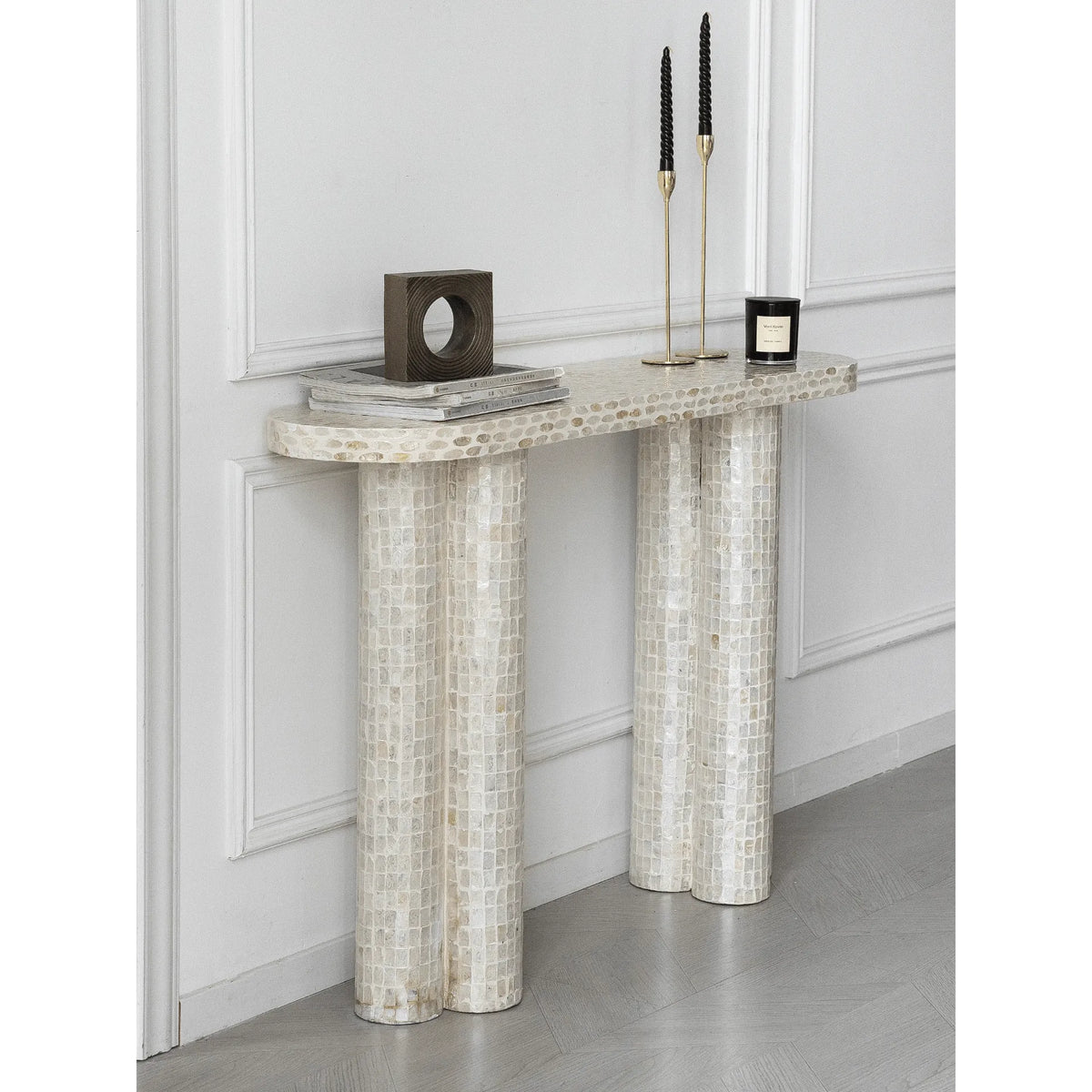 Handcrafted Mother of Pearl Coffee Table Console with Sculptural Twin Columns Main Product Image メイン画像